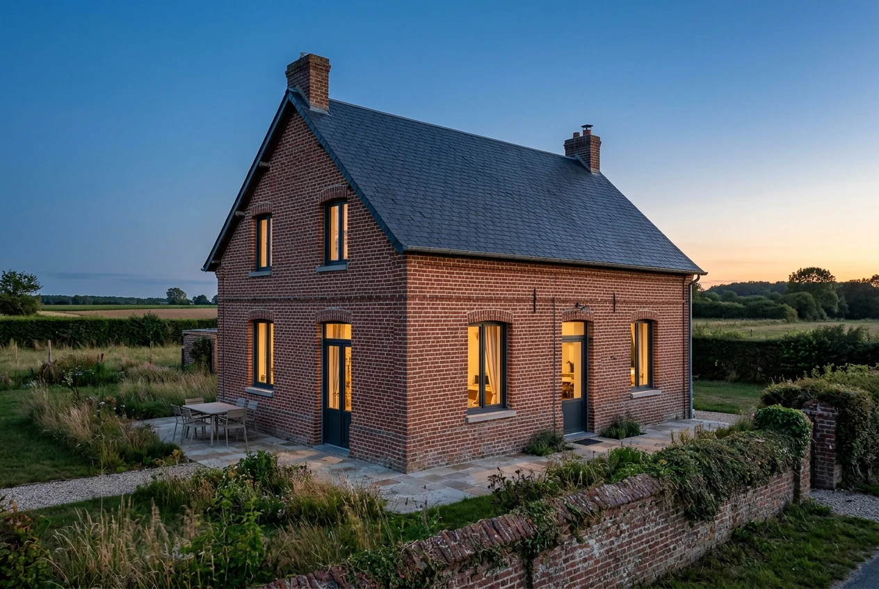 Maison en briques éclairée au crépuscule, visuel d’ambiance
